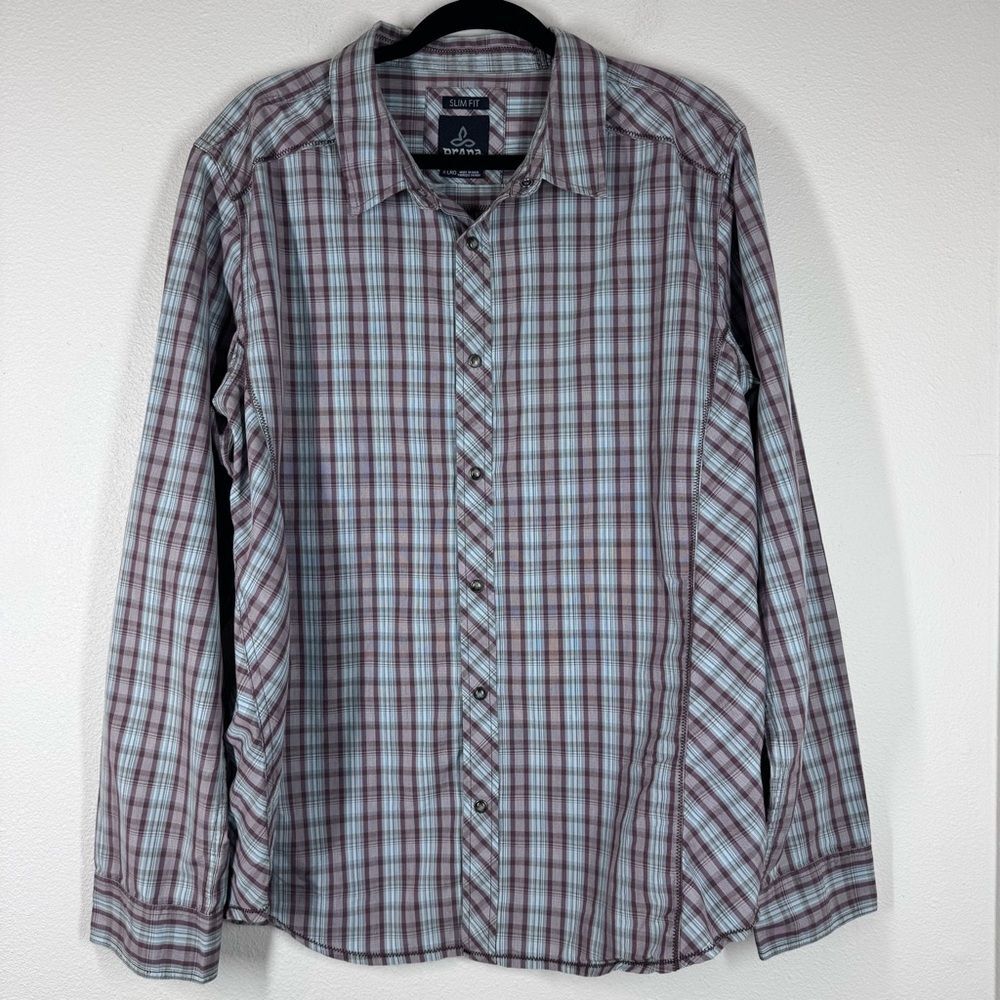 Prana Bryant Shirt Men’s XL Brown Green Plaid Pearl Snap Long Sleeve Slim Fit